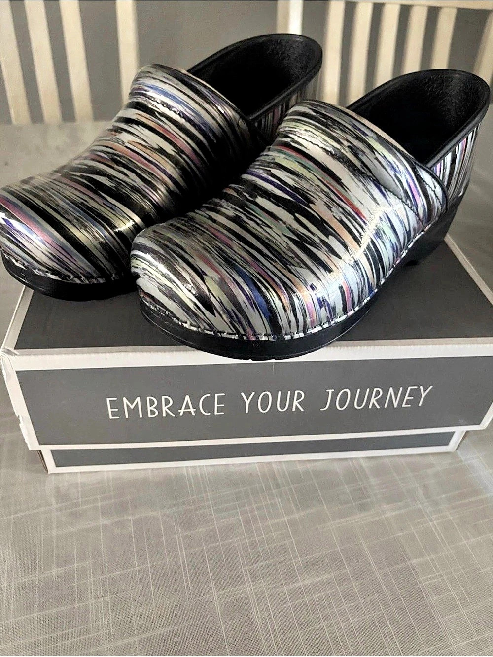 Dansko Professional Patent Striped Mules Black & Silver US 40